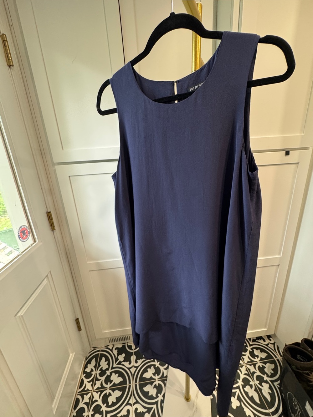 Eileen Fisher 100% Silk Shift Dress Navy Blue Sleeveless Minimalist Tunic Midi M